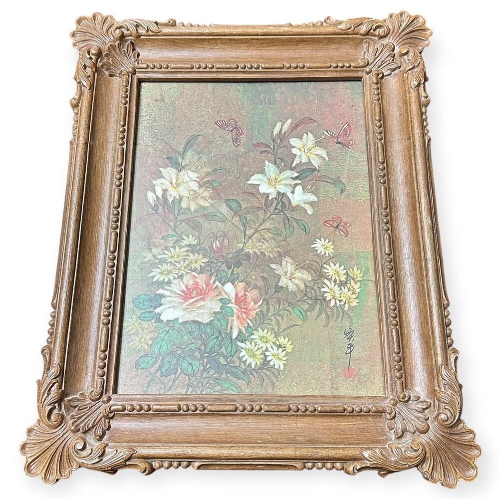 Vintage Ornate 1973 Burwood Faux Wood Picture Frame Floral & Butterfly Design